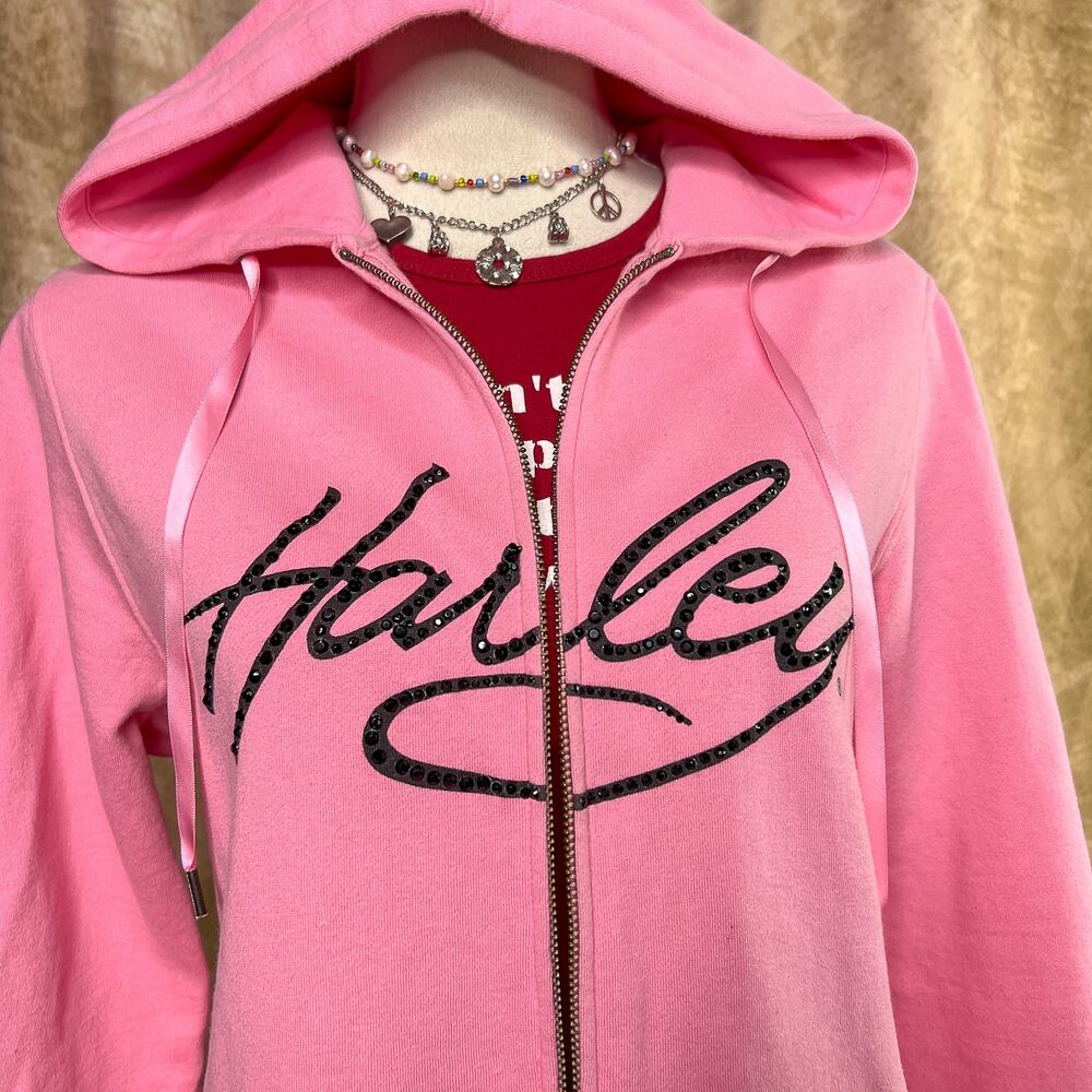 Harley Davidson Rhinestone Hoodie Pink Zip Up Jacket Y2K McBling Indie Biker - Picture 4 of 11